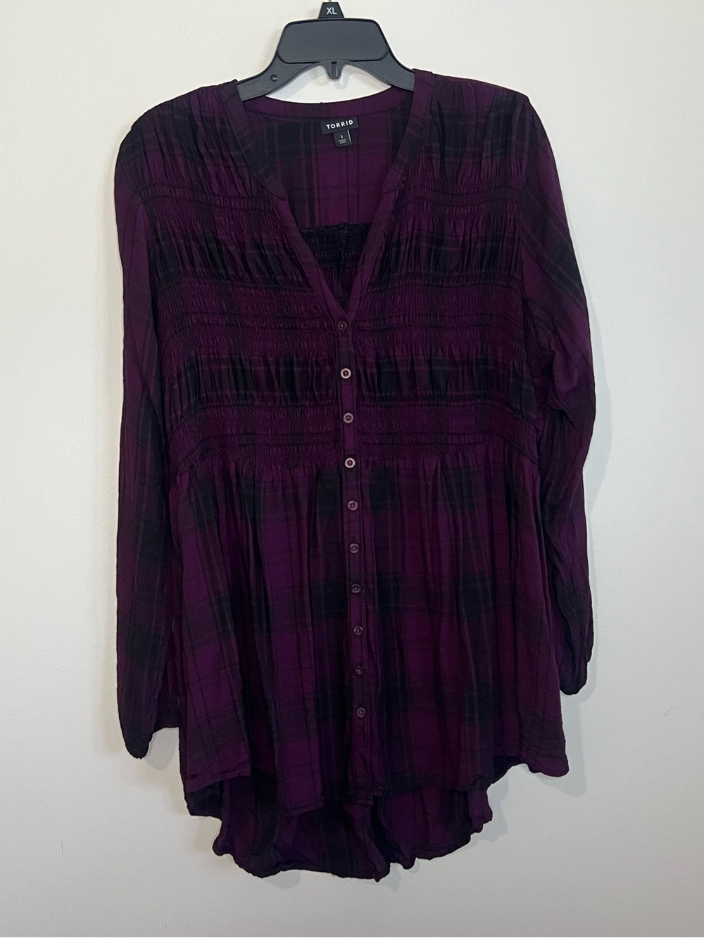 torrid plum plaid button-front tunic top